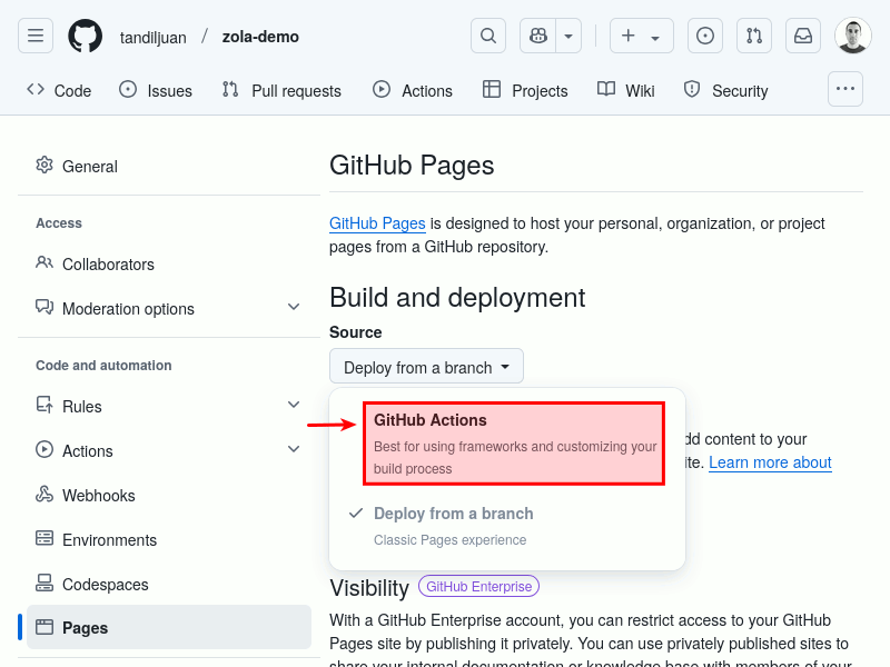 GitHub Pages Settings