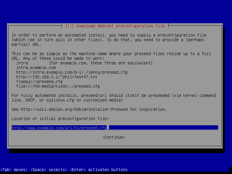 Unattended install: Set URL to preseed file