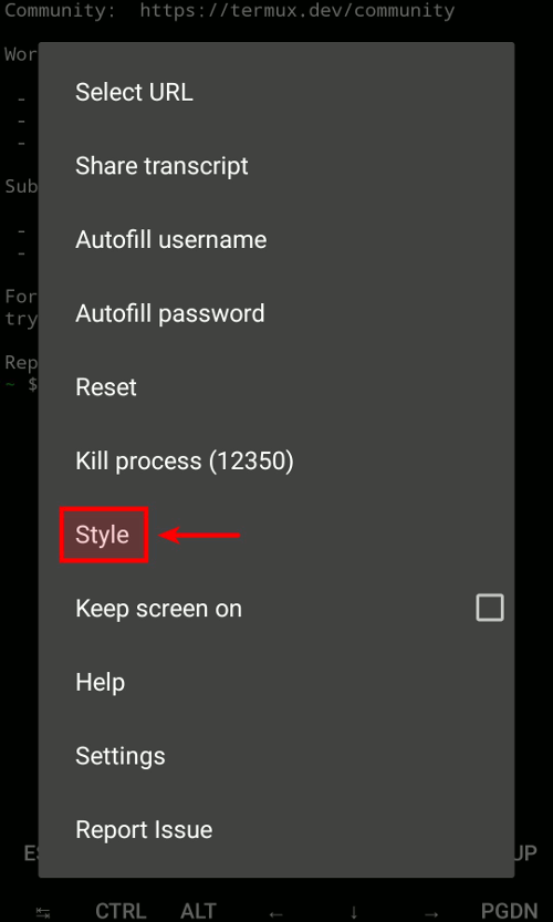 Termux: 'Style' option in 'More' menu